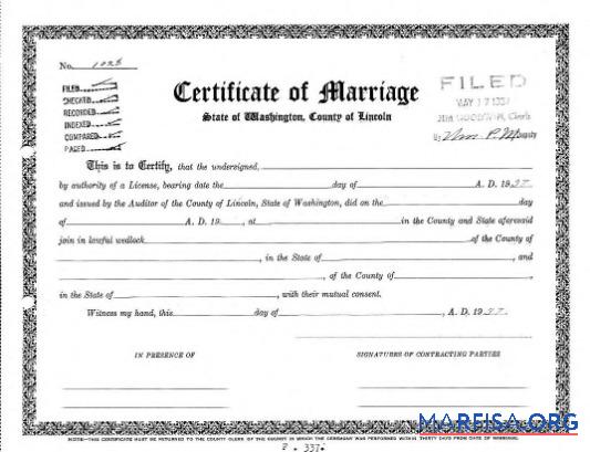 Downloadable USA Marriage registrar of Washington certificate of marriage download for verification